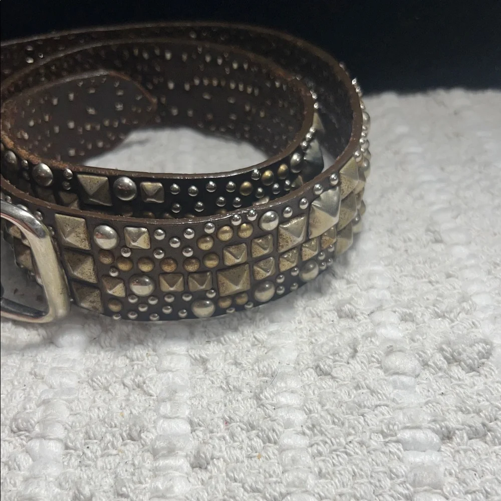 B-Low The Belt Size 32 Brown Leather Mixed Metal Studded Pyramid Rocker Belt